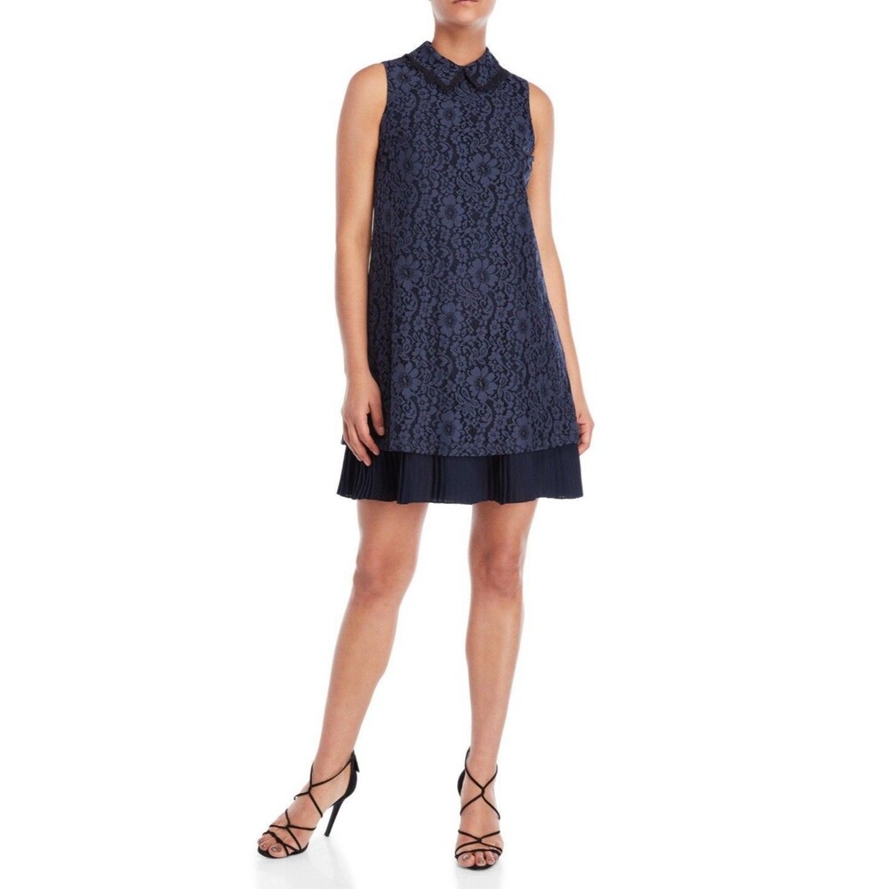 Nanette Lepore Lace Collared Shift Dress Sleeveless in Baywayer Blue Dark Navy-8